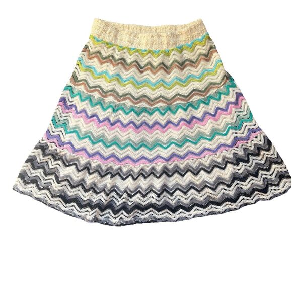 Vintage Lapis Crochet Chevron Knit Skirt Mini A-Line Y2K Boho Festival Stretch - Picture 2 of 11